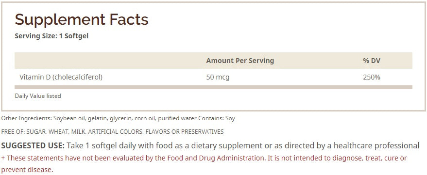 D3 Cholecalciferol 50 mcg (2,000 IU) – 100 cápsulas – Windmill