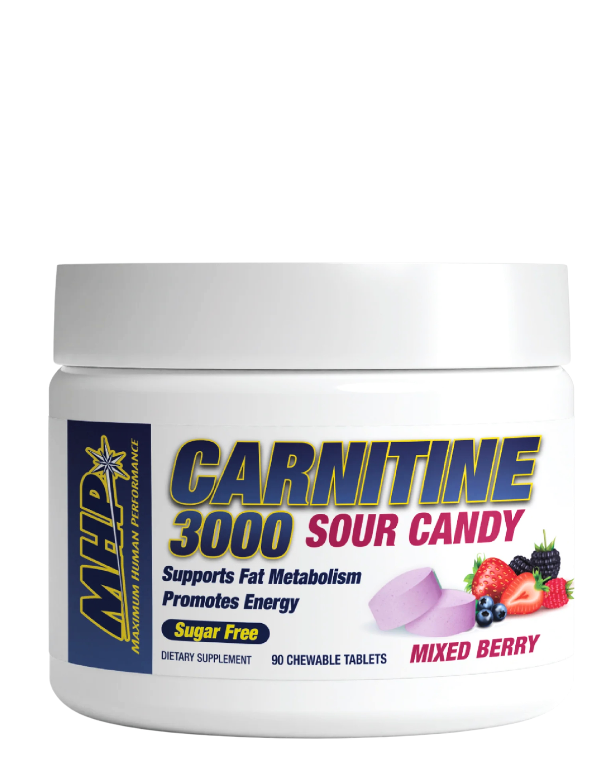 Carnitine 3000 MHP Sour Candy 90 tabletas con 3000 mg de complejo de L-Carnitina y vitaminas B1 B3 B6 B12