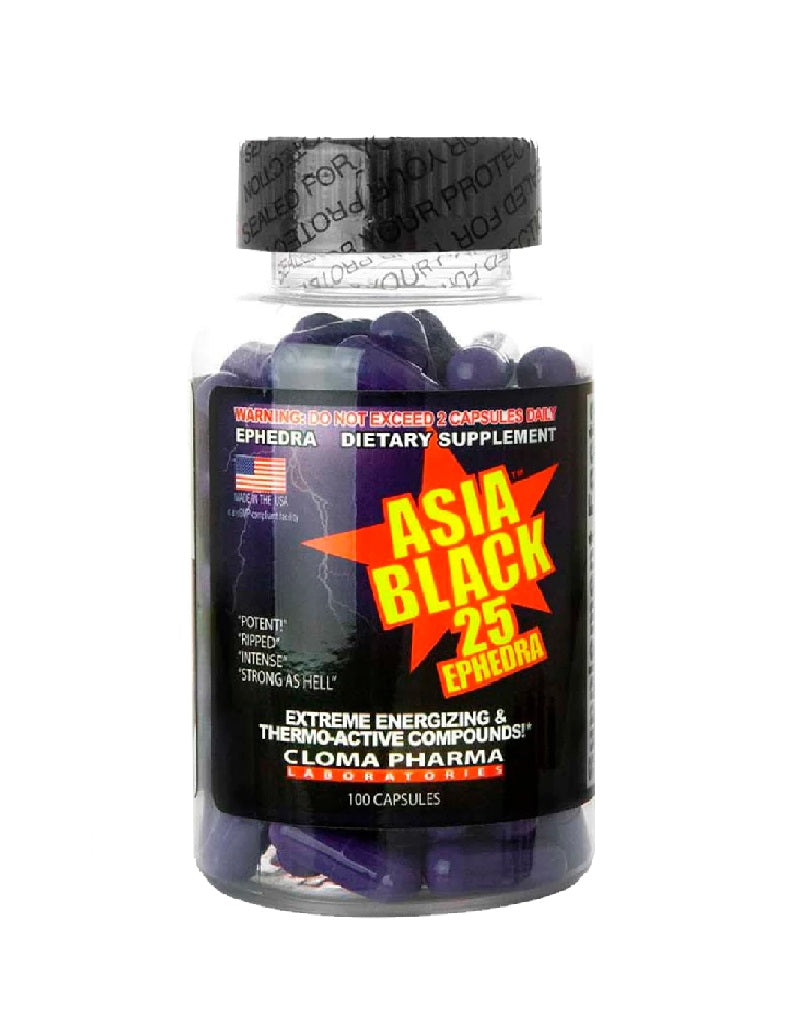 Asia Black 25 Cloma Pharma 100 cápsulas termogénico con efedra para quema de grasa y energía

