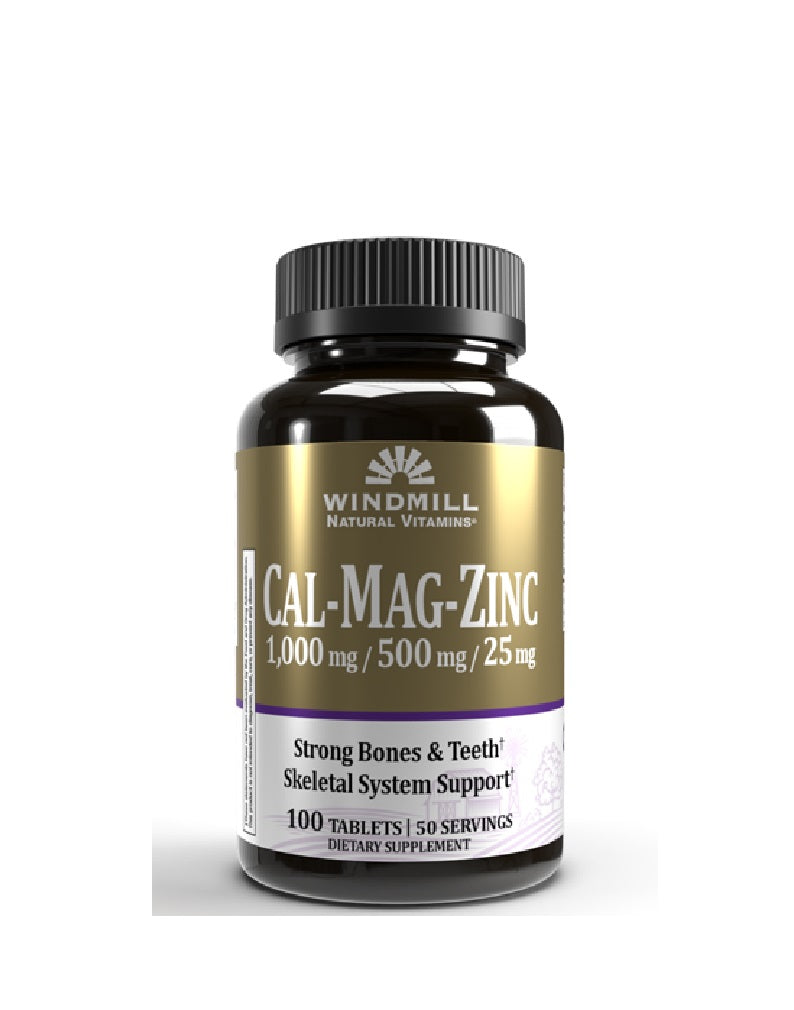 Cal-Mag-Zinc Windmill 100 tabletas con calcio, magnesio y zinc para huesos, músculos e inmunidad