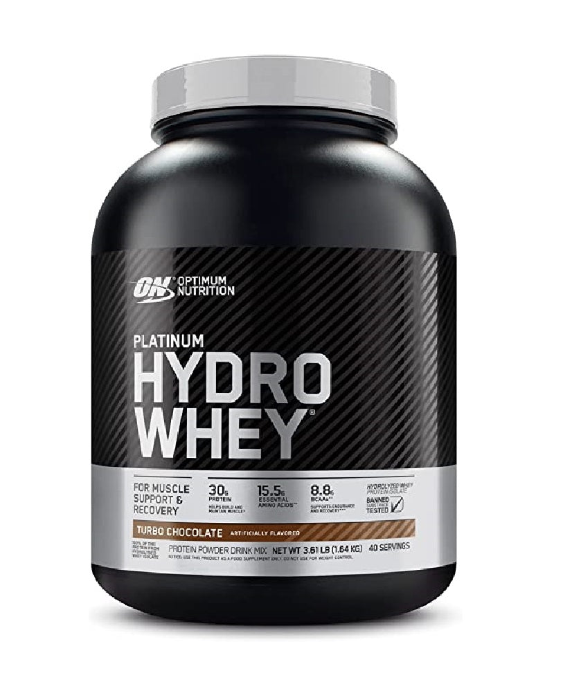 Envase de 3.5 libras de Platinum HydroWhey de Optimum Nutrition, suplemento de proteína de suero hidrolizada en polvo.