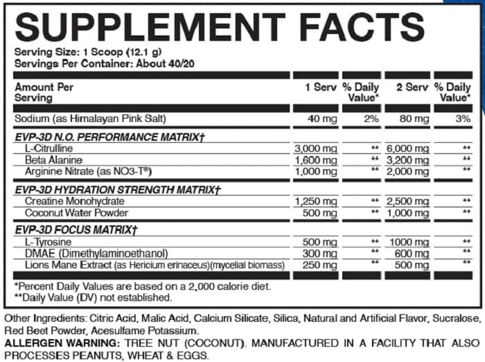 EVP 3D 40 20 servicios Evogen preworkout sin estimulantes bombeo muscular

