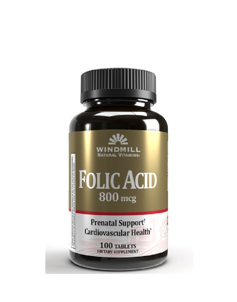 Folic Acid 800 mcg Windmill 100 tabletas de ácido fólico para embarazo, glóbulos rojos y salud cardiovascular
